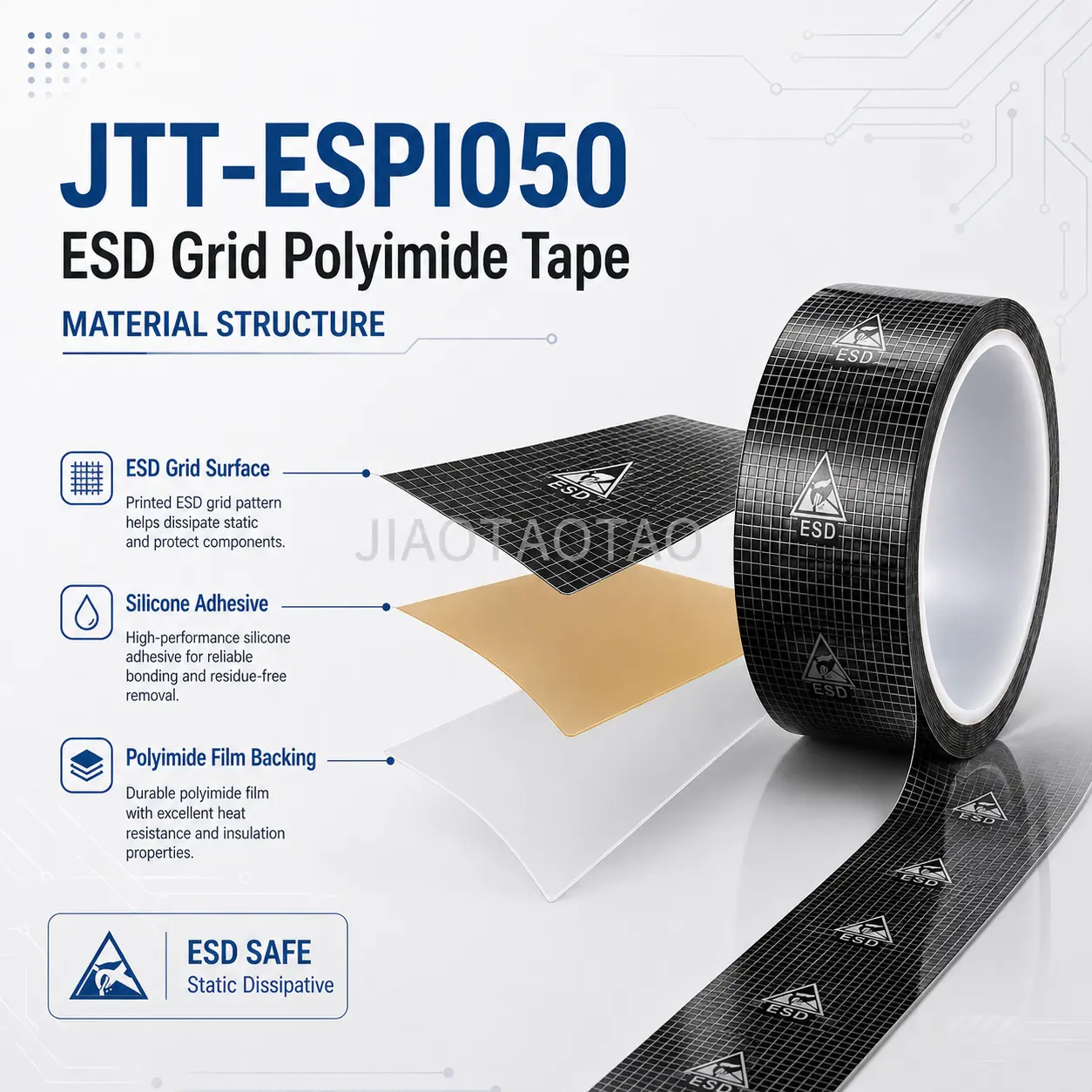 JIAOTAOTAO JTT-ESPI050-SI ESD grid tape for SMT masking and PCB protection.